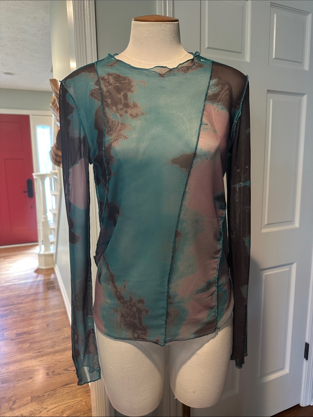 NWOT Sheer mesh Teal Pink Black Marble-Print Long Sleeve Top Sz M or 8/10